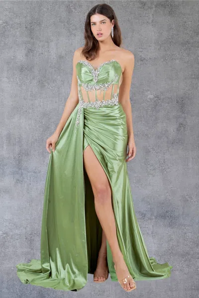 Cinderella Couture 8214j Long Prom Formal Fitted Slit Evening Dress In Green