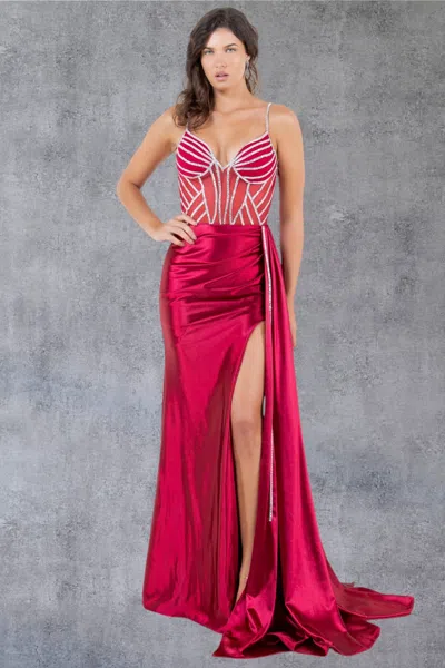 Cinderella Couture 8219j Fitted Long Prom Slit Beaded Formal Dress In Red