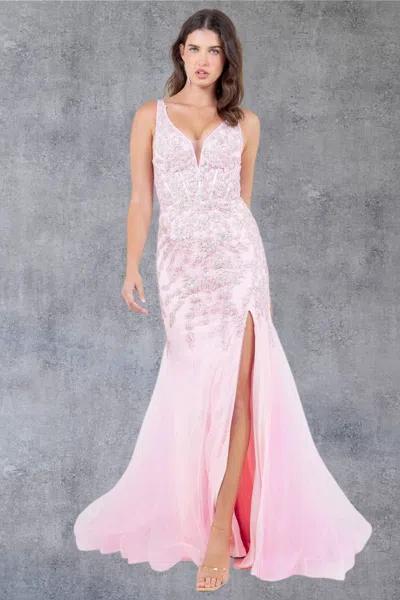 Cinderella Couture 8241j Formal Long Beaded Lace Mermaid Prom Dress In Pink