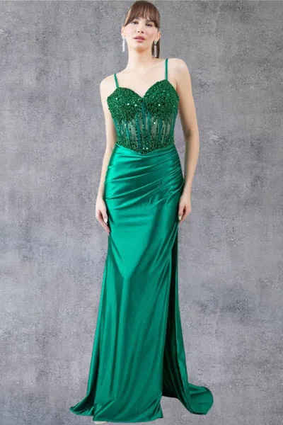 Cinderella Couture 8247j Beaded Slit Long Formal Prom Sequin Dress In Green