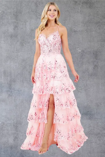 Cinderella Couture 8248j A Line Long Formal Ruffle Prom Dress In Pink