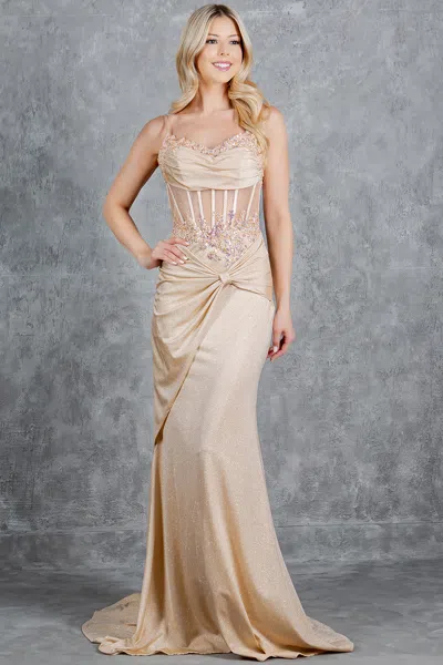 Cinderella Couture 8254j Formal Long Lace Applique Prom Dress In Gold
