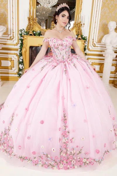 Cinderella Couture 8260j Long Ball Gown Floral Applique Quinceanera Dress In Pink