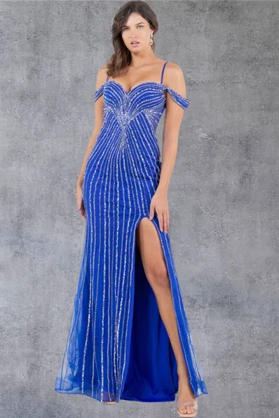 Cinderella Couture 8269j Beaded Long Slit Pattern Formal Evening Prom Dress In Blue