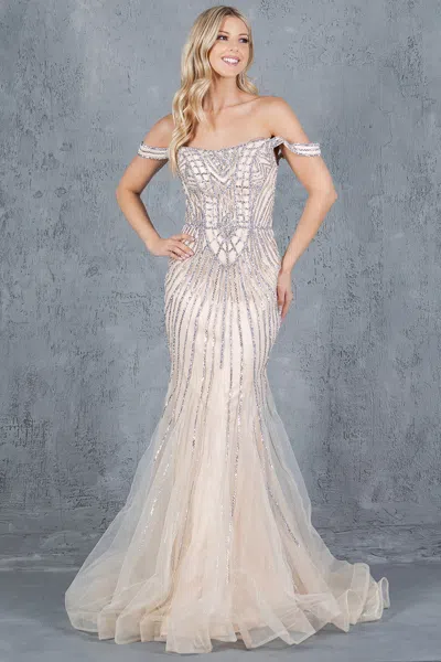 Cinderella Couture 8271j Fitted Long Beaded Lace Formal Prom Dress In Multi