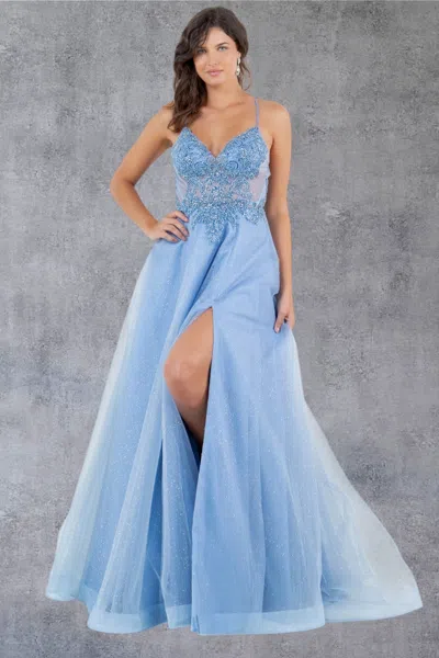 Cinderella Couture 8275j Long Beaded Formal A Line Lace Prom Dress In Blue