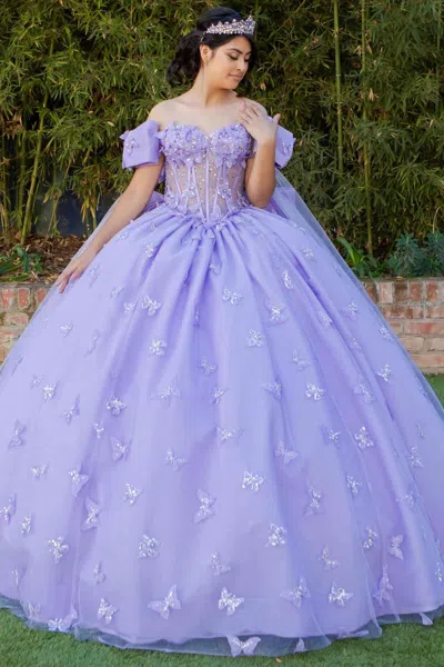 Cinderella Couture 8350j Long Applique Quinceanera Cape Ball Gown In Purple