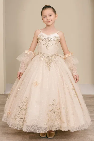 Cinderella Couture 8385 Long Floral Applique Flower Girl Dress In Neutral
