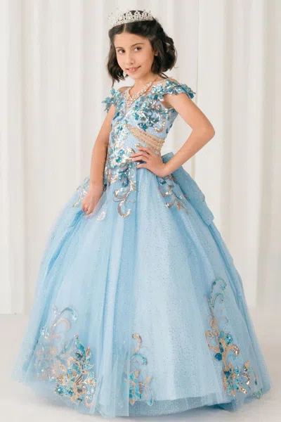 Cinderella Couture 8420 Floral Applique Lace Ball Gown Flower Girl Dress In Blue