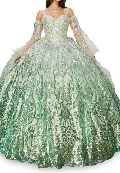 Cinderella Couture Beaded Sweetheart Neck Ball Gown In Sage In Metallic