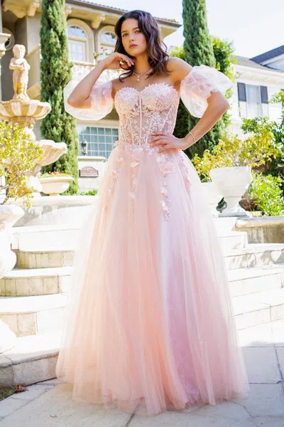 Cinderella Couture Cc8042j Strapless A Line Glittered Tulle Gown In Pink