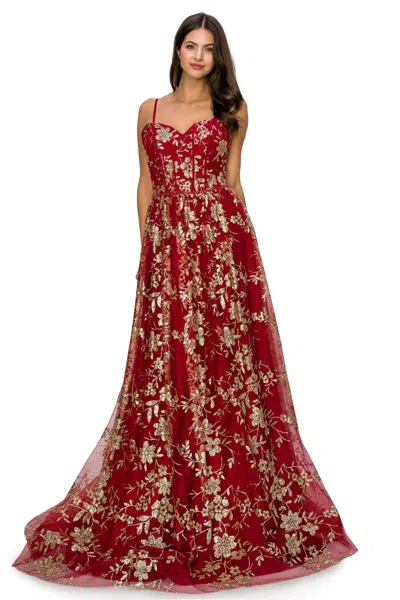 Cinderella Couture Cc8043j Strapless Glittered Print A Line Gown In Burgundy