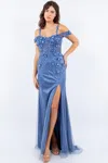 Cinderella Couture Cc8049j Off Shoulder Fitted Slit Formal Dress In Blue