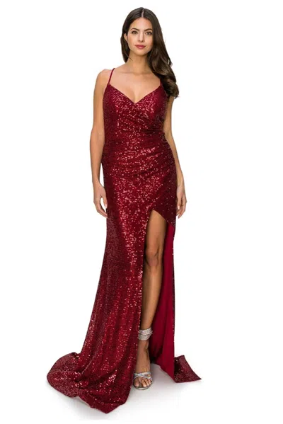 Cinderella Couture Cc8056j Spaghetti Strap Sequins Formal Slit Dress In Burgundy