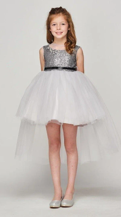 Cinderella Couture High Low Flower Girl Sequins Dress In Silver