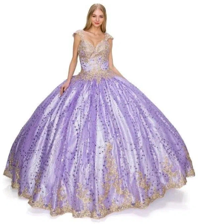 Cinderella Couture Long Ball Gown Cap Sleeve Glitter Quinceanera Dress In Purple