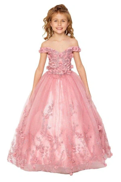 Cinderella Couture Long Off Shoulder Flower Girls Dress In Pink