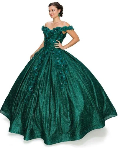 Cinderella Couture Long Off Shoulder Quinceanera Dress In Green