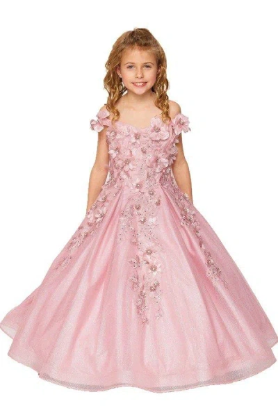 Cinderella Couture Off Shoulder Long Glower Girls Dress In Pink