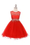 Cinderella Couture Sleeveless Illusion Neckline Sparkle Flower Girl Dress In Red
