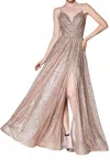 Cinderella Divine All Over Sparkle Dress With Leg Slit In Rose Gold In Multi