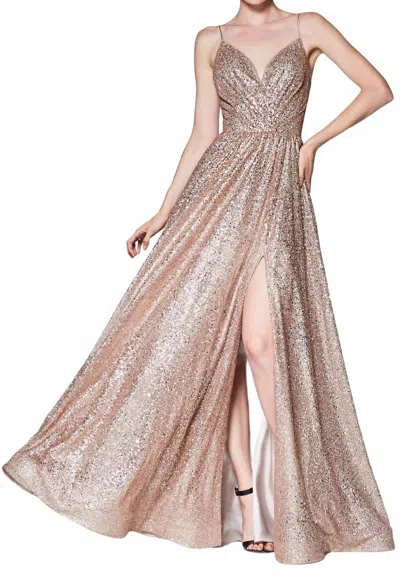 Cinderella Divine All Over Sparkle Dress With Leg Slit In Rose Gold In Multi