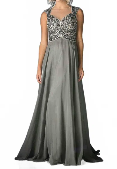 Cinderella Divine Beaded Top Illusion Back Chiffon Gown In Charcoal Grey In Neutral