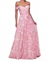 Cinderella Divine Bethany Off The Shoulder Floral Printed A-line Prom Dress In Rose