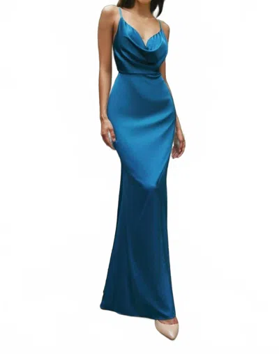Cinderella Divine Cowl Fitted Satin Gown In French Navy In Blue