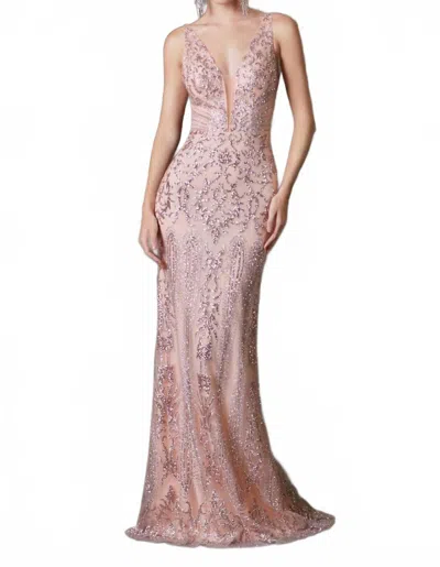 Cinderella Divine Fitted Glitter Print Gown With Plunging Neckline In Blush In Gold