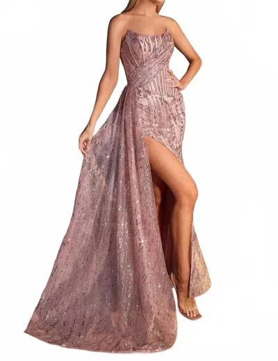 Cinderella Divine Fitted Glitter Print Strapless Slit Gown In Pink Mauve