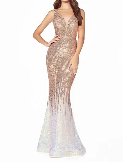 Cinderella Divine Fitted Ombre Sequin Gown In Opal Gold In Multi