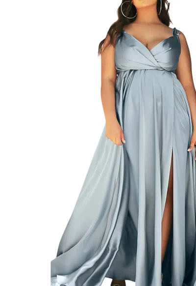 Cinderella Divine Flowy Satin V-neck A-line Gown With Leg Slit In Dusty Blue In Multi