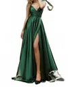 Cinderella Divine Flowy Satin V-neck A-line Gown With Leg Slit In Emerald In Gold