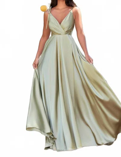 Cinderella Divine Flowy Satin V-neck A-line Gown With Leg Slit In Sage In Multi