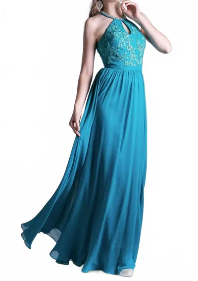 Cinderella Divine Halter Embroidered Top Gown In Teal In Blue
