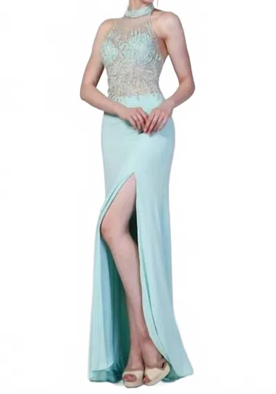 Cinderella Divine Halter Fitted Illusion Top Gown In Mint Green