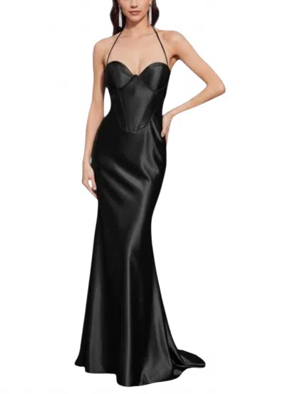 Cinderella Divine Halter Satin Corset Fitted Prom Dress In Black