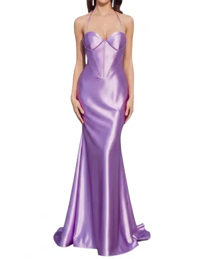 Cinderella Divine Halter Satin Corset Fitted Prom Dress In Lavender In Purple