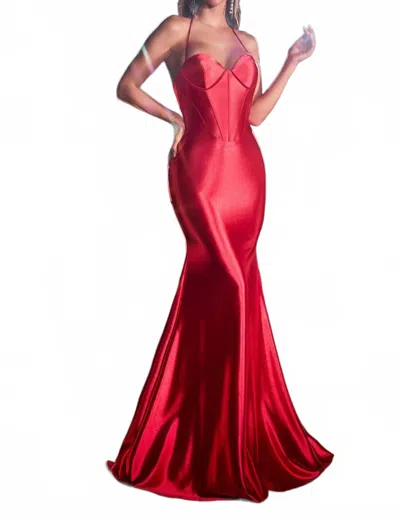 Cinderella Divine Halter Satin Corset Fitted Prom Dress In Red