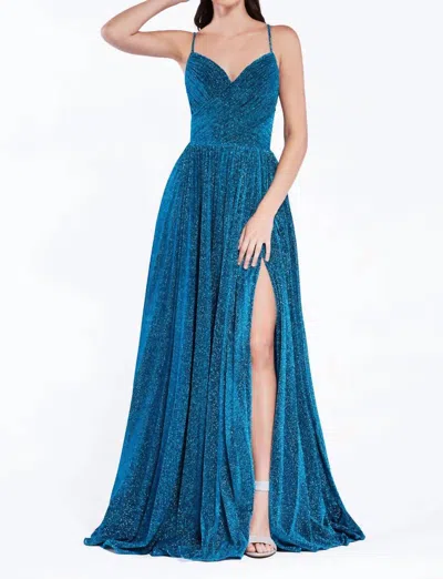 Cinderella Divine High Slit Long Prom Dress In Teal In Blue