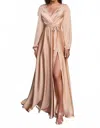 Cinderella Divine Long Sleeve Wrap Satin Gown In Nude In Brown