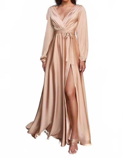 Cinderella Divine Long Sleeve Wrap Satin Gown In Nude In Brown