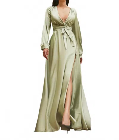 Cinderella Divine Long Sleeve Wrap Satin Gown In Sage In Multi