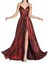 Cinderella Divine Metallic Pleated A-line Prom Dress In Burgundy In White