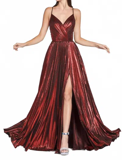 Cinderella Divine Metallic Pleated A-line Prom Dress In Burgundy In Brown