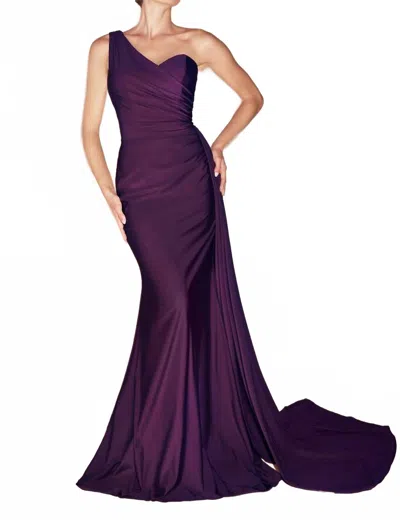 Cinderella Divine Natalie One Shoulder Stretch Satin Evening Gown In Eggplant