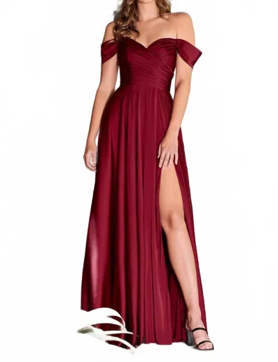 Cinderella Divine Off Shoulder A-line Satin Dress In Burgundy In White