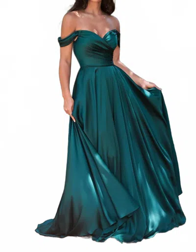 Cinderella Divine Off Shoulder A-line Satin Dress In Emerald In Gold