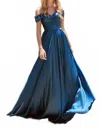 Cinderella Divine Off Shoulder A-line Satin Dress In French Navy In Blue